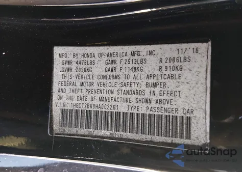 2017 Honda Accord Touring V6 from USA, damaged, VIN 1HGCT2B08HA002261